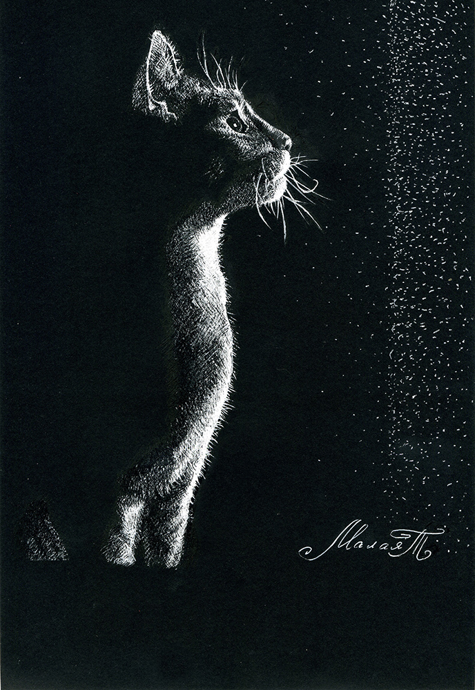 «Кошеня». 2015. Чорний папір, біла ручка